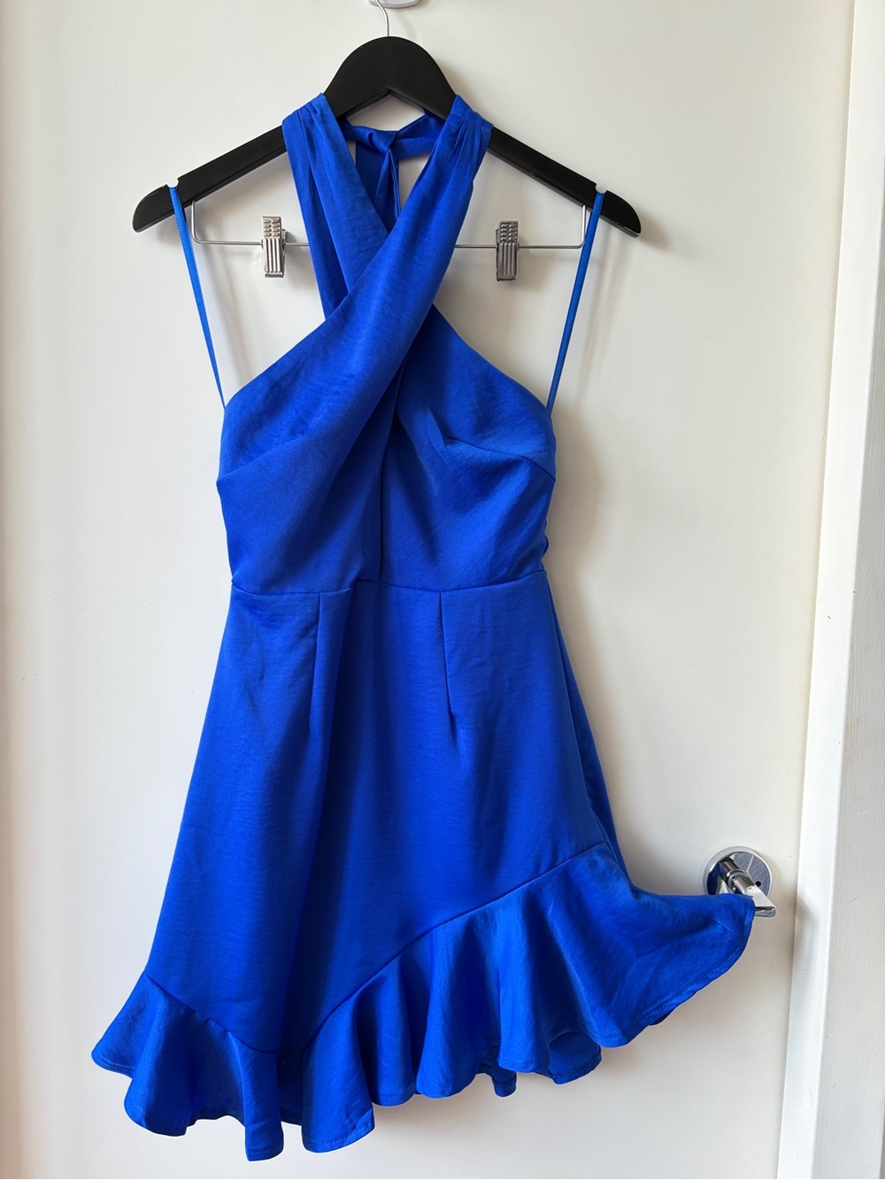 Here Come’s The Sun Women’s Criss-Cross Ruffle Hem Mini Dress in Cobalt Blue